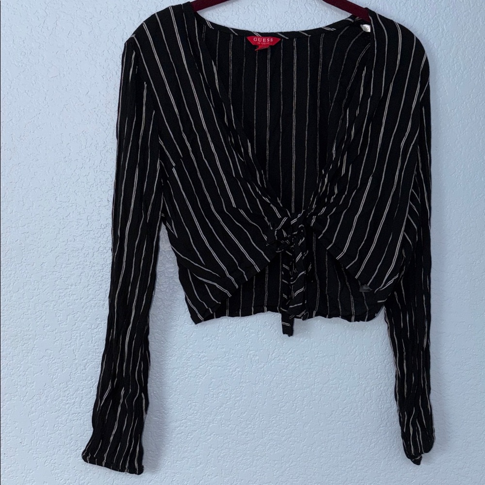 Guess Black and White Pinstripe Cropped Top- Tie Front long sleeve Size Small